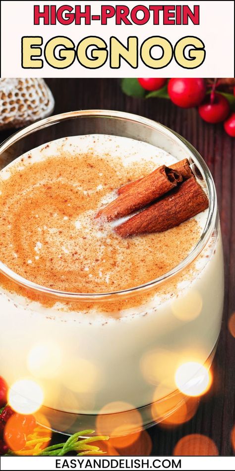 High-Protein Eggnog in a glass garnished with cinnamon sticks. Dairy Free Eggnog Recipe, Eggnog Protein Shake, Keto Eggnog, Dairy Free Egg Nog, Best Summer Cocktails, High Protein Dinner, Easy Holiday Desserts, Keto Cocktails, Popular Food