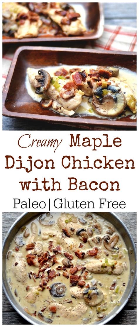 Chicken, mushrooms, and bacon bathed in a creamy maple dijon sauce. So simple, and sooo GOOD!!! Paleo and GF. Gourmet Milkshakes, Maple Dijon Chicken, Chicken With Bacon, Dijon Sauce, Chicken Mushrooms, Dijon Chicken, Paleo Chicken, Paleo Dinner, How To Eat Paleo