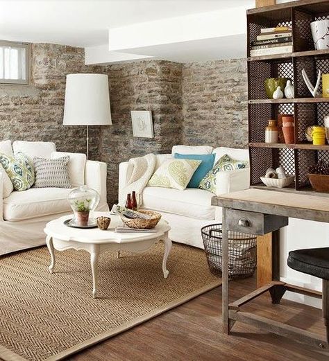 Stone Basement, Centsational Style, Slipcovered Sofas, Remodeling Trends, Stone Cabin, White Slipcovers, Patterned Pillows, Slipcover Sofa, White Couch