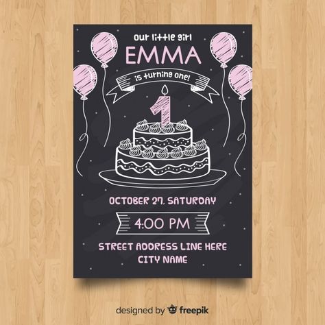 Birthday Blackboard, Graphic Design Invitation, First Birthday Invitation Cards, Happy Birthday Invitation Card, First Birthday Cupcakes, Birthday Invitation Card Template, Birthday Doodle, Balloon Invitation, Invitation Card Birthday