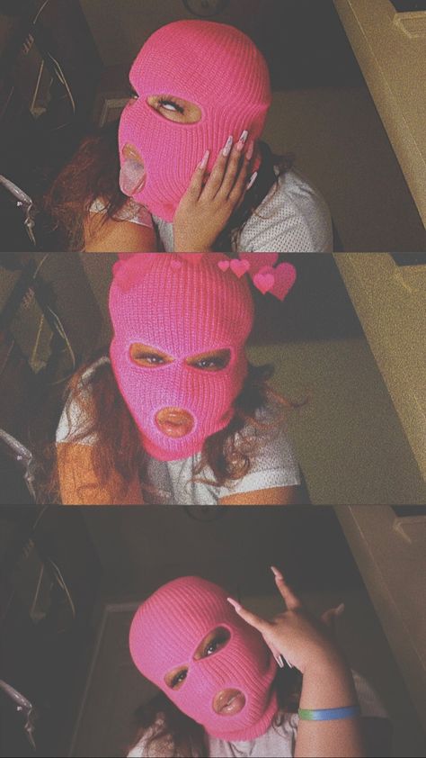 Ski Mask Photoshoot Ideas, Balaclava Photoshoot, Ski Mask Photoshoot, Mask Photoshoot Ideas, Ski Mask Girl Aesthetic, Pink Ski Mask, Pink Balaclava, Mask Photoshoot, Camp Outfits