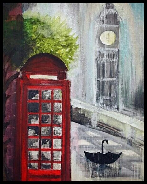 London Painting Acrylic, Phone Booth Drawing, London Phone Booth, London Drawing, London Painting, London Taxi, Phone Booth, Gcse Art, Beautiful Landscape Wallpaper