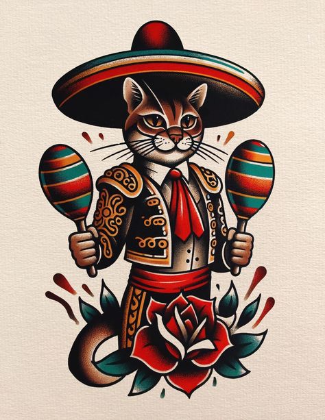 Mariachi Cat Traditional Tattoo Print American Traditional Pet Tattoo, Traditional Style Cat Tattoo, Cat Traditional Tattoo, American Traditional Cat Tattoo, Mariachi Tattoo, Traditional Mexican Tattoo, Traditional Cat Tattoo, Mexican Attire, Traditional Tattoo Painting