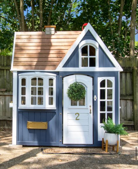 Sage Green Playhouse, Kidcraft Playhouse Makeover, Playhouse Color Scheme, Playhouse Colors, Blue Playhouse, Kids Playground Design, Play Houses For Kids, Playhouse Paint Ideas, Wooden Playhouse Makeover