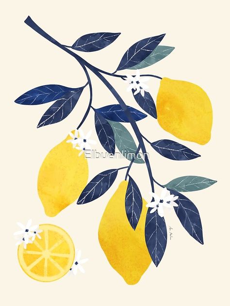 Lemons Illustration, Lemon Aesthetic, Tree Branch Art, Lemon Branch, Lucky Tattoo, Mediterranean Art, Lemon Flowers, Lemon Art, Branch Art