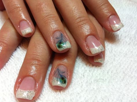 peacock nail designs | with tags feathers french tip gel nails glitter nail design peacock ... Mini Tattoos Ideas, Peacock Nail Designs, White Tip Nail Designs, French Manicure Gel Nails, Feather Nail, Peacock Nails, Feather Nail Art, French Tip Gel Nails, Feather Nails