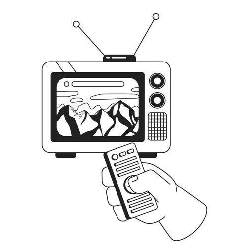 Snow capped mountain peak on 80s television black and white 2D illustration concept. Control remote isolated cartoon outline character hand. Watching tv mountainscape metaphor monochrome vector art Remote Illustration, 80s Television, Cartoon Outline, 2d Illustration, Snow Caps, Mountain Peak, Watching Tv, Art Logo, Vector Graphics