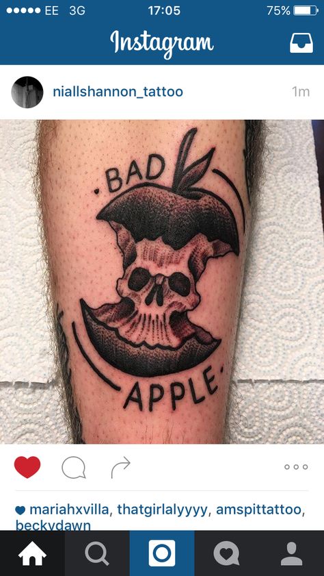 Rotten Apple Tattoo, Apple Core Tattoo, Poison Apple Tattoo, Bad Apple Tattoo, Eve Tattoo, Rotten Apple, Apple Tattoo, Rotten To The Core, Bad Apple