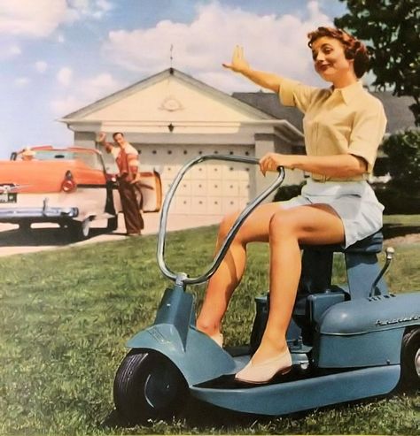 Advertisement photo illustration for the three wheeled Fairbanks Morse F-M Riding Mower from 1957 Iq Scale, 1950s Housewife, Quotes Sassy, Dixie Chicks, Talk To The Hand, Bye Felicia, Golf Tips For Beginners, Golf Quotes, Mom Memes