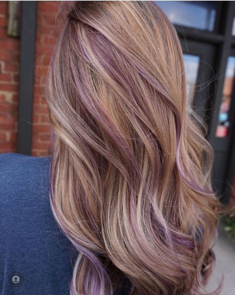 Light Brown Hair With Lilac Highlights, Subtle Colorful Hair Blonde, Purple Hair Color Ideas For Light Brown Hair, Purple Hair With Light Brown, Strawberry Blonde Hair With Purple Highlights, Light Purple Hair With Blonde, Mauve Highlights In Blonde Hair, Plum Blonde Balayage, Blonde Balayage With Purple Highlights