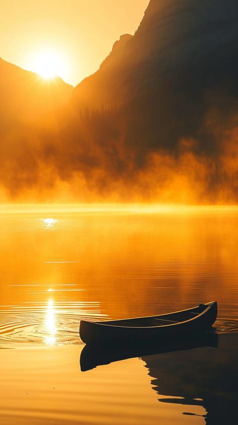 Serene Sunrise Canoe: A solitary canoe floats on a tranquil lake bathed in the golden light of sunrise. #sunrise #canoe #lake #tranquility #golden #morning #mist #reflection #aiart #aiphoto #stockcake https://ayr.app/l/aTbp Golden Morning, Painting Study, Sunrise Lake, Morning Mist, Golden Light, Golden Lights, Have A Blessed Day, Small Paintings, Art Stuff