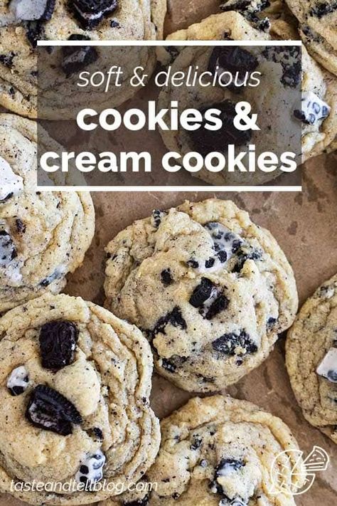 These Cookies and Cream Cookies are a cookie lovers dream come true! Filled with Oreo cookies, as well as cookies ’n’ creme bars, these cookies stay nice and soft and are perfect for the cookie jar. Cake Flour Cookies, Trending Cookies, Cookies And Cream Cookies, Oreo Cheesecake Cookies, Oreo Cookie Recipes, Cookie Sandwich Recipes, Oreo Cream, Cream Cookies, Cake Mix Cookie Recipes