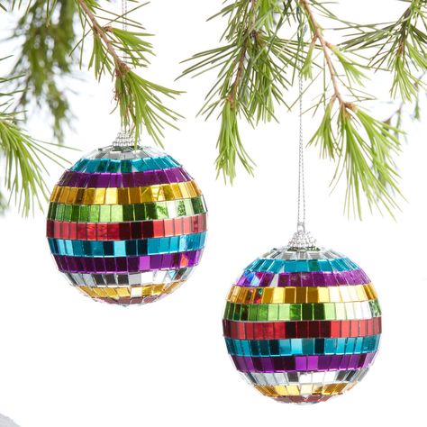 Rainbow Mirrored Disco Ball Ornaments Set of 2 - World Market World Market Christmas, Disco Ball Ornaments, Rainbow Mirror, Rainbow Ornaments, Gold Ombre, Mirror Ball, Purple Turquoise, Christmas Shop, Mirror Designs