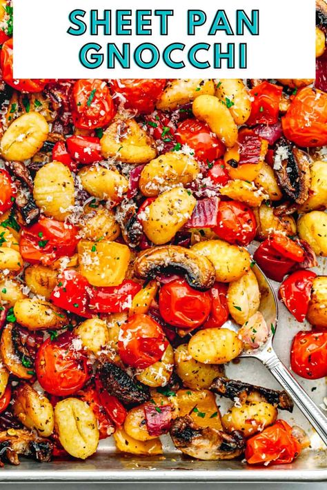 This sheet pan gnocchi recipe is phenomenal. The roasted gnocchi is cooked to perfection, slightly crispy on the outside and tender on the inside. It's loaded with vegetables and aromatic herbs. Everyone at your dinner table will love it. Roasted Gnocchi, Gnocchi Recipes Healthy, Sheet Pan Gnocchi, Gnocchi Dishes, Gnocchi Recipe, Healthy Weeknight Meals, Gnocchi Recipes, Tasty Pasta, Vegetarian Dinners