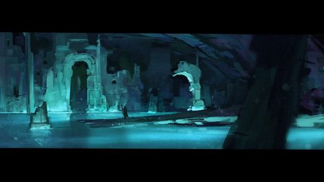 Underground Ruins, Landscape Painting Techniques, Student Film, Lake Monsters, Environment Painting, Temple Ruins, Props Concept, Waterfall Art, Location Inspiration