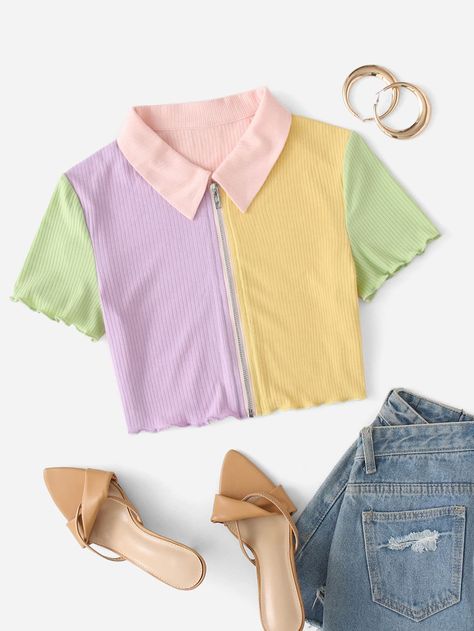 Color Block Shirt Outfit, Colorblock Outfits, Cute Colorful Outfits, Panel Shirt, 90s Y2k Fashion, Zipper Placket, Egirl Clothes, Fashion Corner, Casual Outfit Inspiration