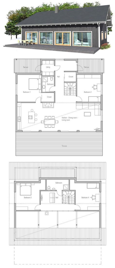 Classical small house plan. Spacious kitchen & dining & living with big windows. Four bedrooms. Spacious Kitchen, Small Cottages, Small House Decorating, Small House Plan, Small House Design Plans, Kitchen Dining Living, Classic Bedroom, Big Windows, Small Houses