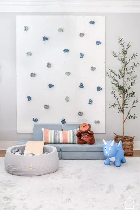 Playroom Rock Wall, Ikea Playroom, Rock Climbing Holds, Indoor Playroom, Small Playroom, Basement Playroom, Climbing Holds, Playroom Design, Playroom Organization