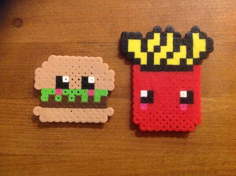 Burger + Fries Hamburger And Fries, Perler Bead Creations, Burger Fries, Bead Creations, Perler Bead Crafts, Diy Perler Bead Crafts, Burger And Fries, Paper Wrapping, Diy Perler Beads