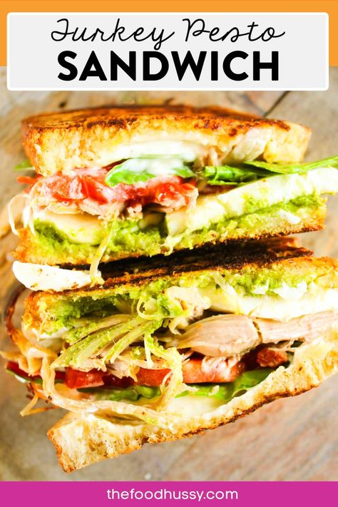 This Turkey Pesto Sandwich is my new favorite! I like using leftover turkey for this recipe and then pile it with fresh mozzarella, home-grown tomatoes, spinach and - of course - my homemade pesto!  via @foodhussy Turkey And Pesto Sandwich, Turkey Pesto Mozzarella Sandwich, Italian Turkey Sandwiches Recipe, Turkey Pesto Sandwich, Pesto Sandwich Recipe, Recipes Using Pesto, Using Leftover Turkey, Tomato Pesto Chicken, Turkey Pesto