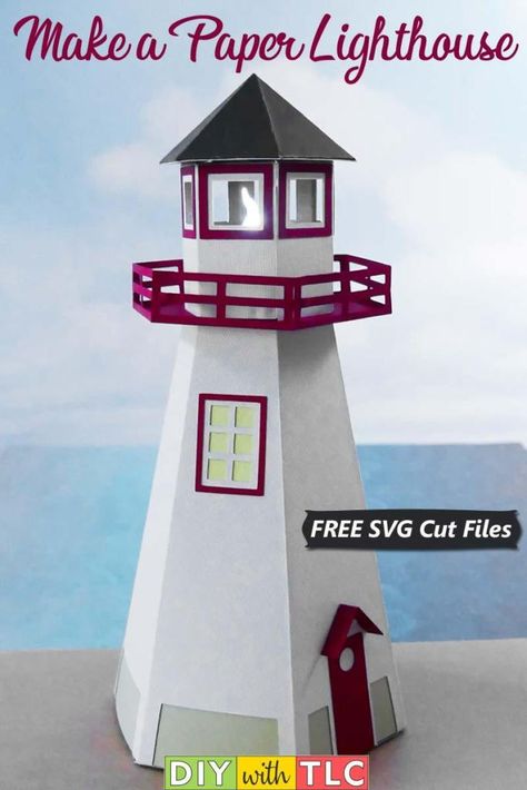 You can make your own 3D paper lighthouse to decorate your paper village | #diy #cricut #paper #paper_crafts #lighthouse #belanger #belanger_park #light_house #free_svg Paper Lighthouse, Cajas Silhouette Cameo, Diy Lighthouse, Paper Village, Lighthouse Crafts, 3d Templates, House Template, Paper Light, Paper Tree