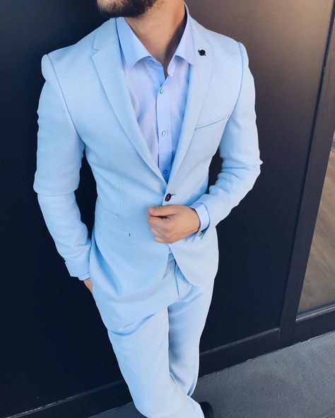 2,336 Likes, 10 Comments - Valdrin Sahiti Official (@valdrinsahitiofficial) on Instagram: “VS suit #VSman #valdrinsahitiofficial” Hasnain Khan, Blue Slim Fit Suit, Male Suit, Groomsmen Tuxedos, Suits For Wedding, Light Blue Suit, Dapper Outfit, Stage Clothes, Prom Tuxedo