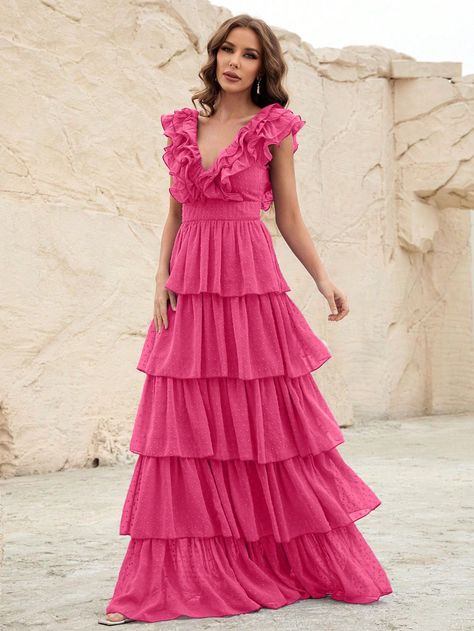 Frock Models, Pretty Maxi Dress, Layered Gown, Pink Ruffle Dress, Pink Long Dress, Tulle Maxi Dress, Trendy Dress Outfits, Pink Bridesmaid Dresses, Prom Dresses Modest