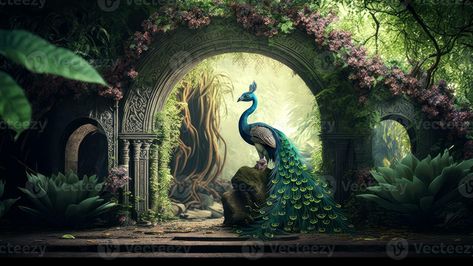 Fantastic landscape. Beautiful peacock sitting, arch with blooming flowers and road stretching into the valley. Unusual world. Created with Generative AI. Peacock Background, Ganesh Art Paintings, Photoshop Backgrounds Backdrops, Peacock Photos, Linkedin Background, Studio Background Images, Photo Art Frame, Best Background Images, Landscape Background