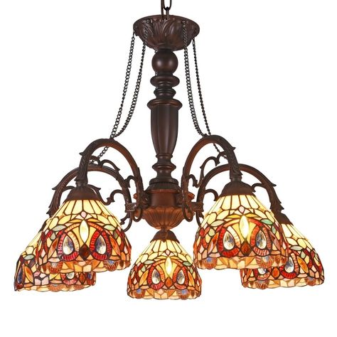 Chloe Tiffany Style 5-light Dark Bronze/Art Glass Chandelier, Multicolor Tiffany Light Fixtures, Tiffany Chandelier, Cheap Chandelier, Antique Tiffany, Large Chandelier, Wagon Wheel Chandelier, 5 Light Chandelier, Large Chandeliers, Elk Lighting