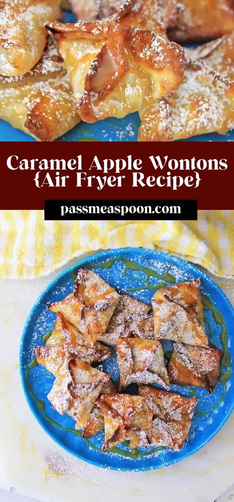 It takes only 10 minutes and just a few ingredients to make these delicious Caramel Apple Wontons in the air fryer. These little bites make the perfect snack for Fall! Air Fryer Caramel Apple Wontons, Apple Wontons, Wonton Bites, Caramel Apple Bites, Apple Bites, Apple Bite, Air Fryer Recipe, Homemade Caramel Sauce, Holiday Dessert Recipes