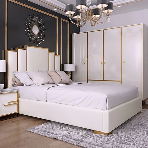 White Leatherette Platform Bed with Geometric Upholstered Headboard White Colour Bed Designs, Bed Types Style, White Bed Design Modern, Bed Design White, Queen Size Bed Designs, King Bed Design, White Furniture Bedroom, Modern White Bed, Modern Bed Designs