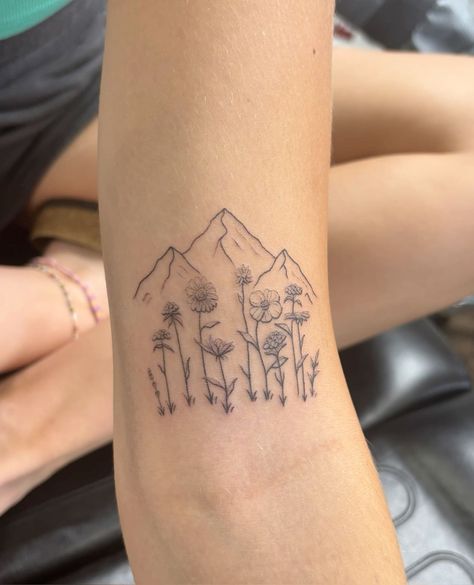 Mountain Related Tattoo, Tattoos For Colorado, Mt Shasta Tattoo, Nature Tattoos Fine Line, Flowers Grow In The Valley Tattoo, Mountain Cabin Tattoo, Mountain Flowers Tattoo, Sun And Mountains Tattoo, Mountain With Flowers Tattoo