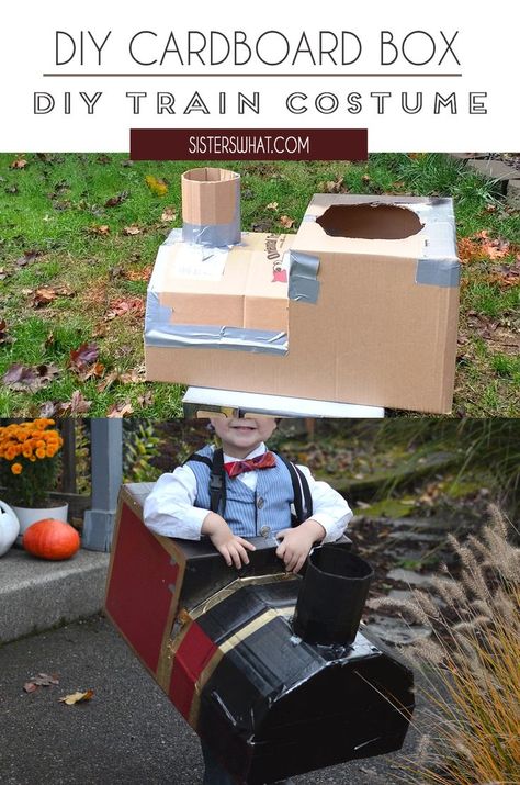 Train Halloween Costume Family, Train Cardboard Box Diy For Kids, Train Costume Toddler, Wearable Cardboard Box Train, Cardboard Train Costume, Train Halloween Costume Toddler, Train Box Diy, Diy Train Conductor Costume, Adult Train Costume