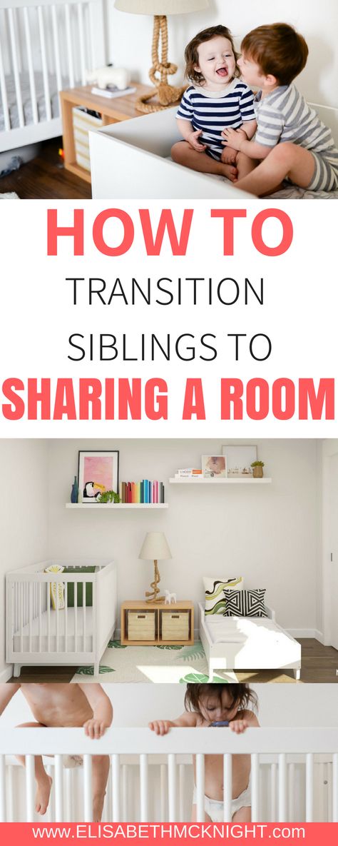 want to transition your kids into the same room? check out these tips for siblings sharing a room! Crib And Toddler Bed Shared Room Boy, Montessori Sibling Bedroom, 2 Cribs Small Room, Turning One Bedroom Into Two, Siblings Sharing Bedroom Brother Sister, Toddler And Kid Shared Room, Sharing Room Ideas Sibling Small Spaces, Toddlers Sharing Bedroom, Newborn And Toddler Room Shared