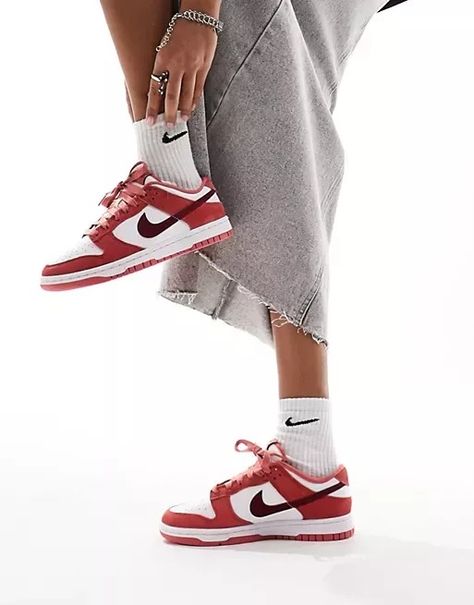 Nike Dunk Low sneakers in red | ASOS (Global) White And Red Shoes Outfit, Red Nike Shoes Outfit, Nike Dunk Low Outfit, Dunks Outfit, Nike Branding, Flip Flop Boots, Nike Brand, Nike Dunk Low, Low Sneakers