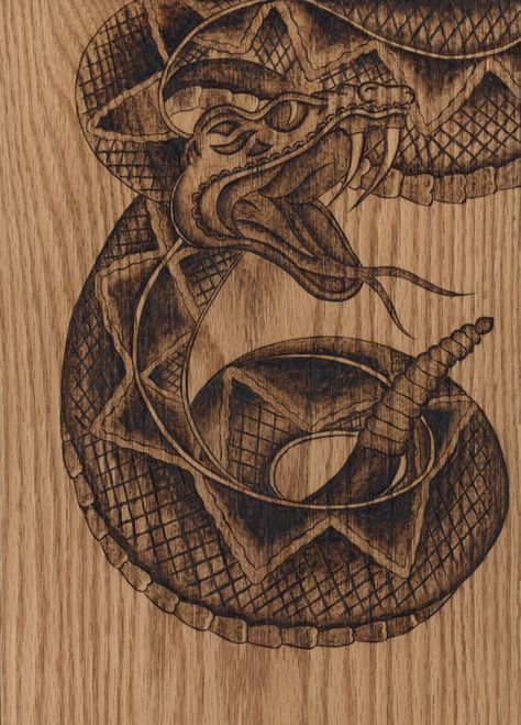 Rattle Snake woodburning by Trevor Moody of Dirigo Craft & Supply Co. Wallet Simple, Pyrography Tools, Rattle Snake, Wood Craft Patterns, Snake Tattoo Design, Dragon Sketch, Pyrography Art, Wood Burning Crafts, Sailor Jerry