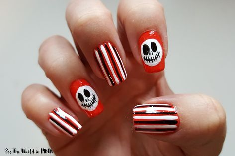 Manicure Wednesday - The Nightmare Before Christmask Jack Skellington Nail Art! | See the World in PINK Nightmare Before Christmas Nails, Nail Art Disney, Striped Nails, Disney Nails, Horror Halloween, Halloween Nail Designs, Halloween Nail, Halloween Nail Art, Christmas Nail Art