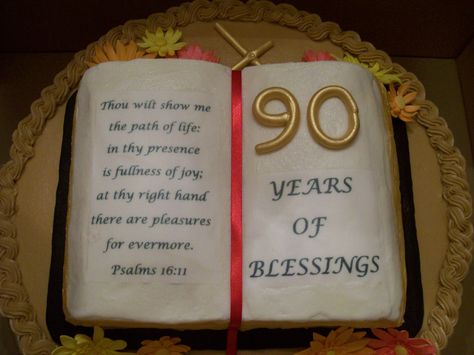 90th Birthday - This was a cake for our Pastor Emeritus' 90th birthday.  This is his favorite Bible verse.  They were decorating with daisies, so I tried to bring that in also.  He only requested basketweave, he didn't mind whatever else I put on the cake.  I hope it will be a good surprise for him!  WASC with Princess flavor Buttercream Dream, gumpaste flowers, fondant binding, and edible image.  Thanks for looking! 90 Year Old Birthday Cake, 90th Birthday Cake Ideas, Book Club Food, Bible Cake, Favorite Bible Verse, 90th Birthday Cakes, 60th Bday, 90th Birthday Cards, 90th Birthday Parties