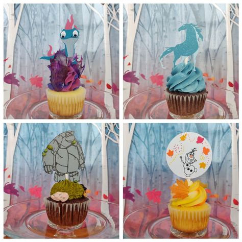 Frozen 2 cupcakes, elements, Bruni the fire salamander, Nokk the water horse, Gail the wind element, and Earth Giants. Frozen 2 Birthday Cake And Cupcakes, Frozen 2 Cupcakes, Pumpkin Princess Party, Frozen Cupcakes, Enchanted Forest Party, Frozen Party Decorations, Frozen 2, Frozen Bday Party, Bday Party Kids