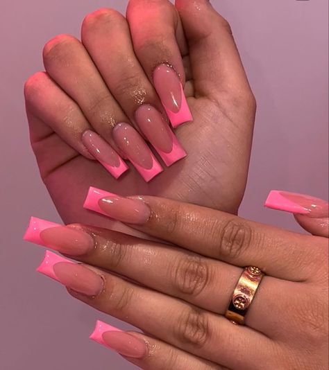 Long French Tip Nails Pink, Bright Pink Nail Ideas, Bright Pink French Tip Nails, Pink Nail Ideas, Types Of Clothing, Pink Tip Nails, Bright Pink Nails, Colored Acrylic Nails, Girly Acrylic Nails