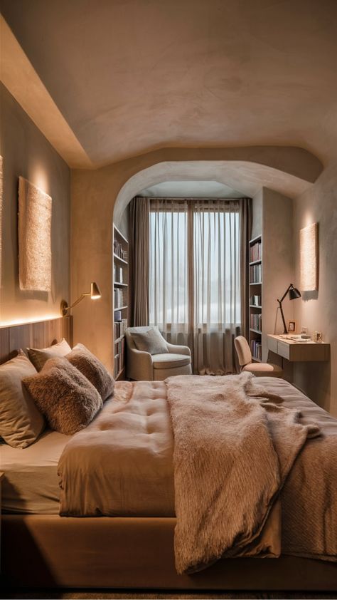 Cozy bedroom with a large bed, fluffy pillows, a soft blanket, and a reading nook by a window with sheer curtains. Cosy Warm Bedroom Aesthetic, Fluffy Bedding Ideas, Comfy Bedroom Ideas, Cozy Hotel Room, Warm Bedroom Aesthetic, Blankets Fluffy, Uni House, Cozy Bedroom Aesthetic, Cozy Bedroom Decor Ideas