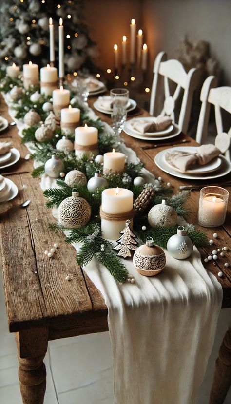 Neutral Christmas Party Decor, Scandinavian Christmas Table Decor, Natural Christmas Table Decor, Natural Christmas Table Settings, Christmas Dinner Table Settings Simple, Christmas Table Decorations Rustic, Friendmas Dinner, Neutral Christmas Table, Long Christmas Table