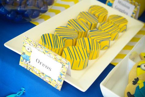 Despicable Damian's 5th Birthday Party | CatchMyParty.com Minion Banner, Minion Party Food, Minion Treats, Birthday Minion, Minions Birthday Party, Baby Dinosaur Party, Minion Cookies, Despicable Me Party, Minions Birthday