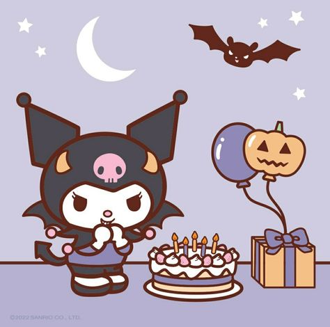 Happy Birthday Kuromi, Birthday Kuromi, Artbox Cafe, Hello Kitty Halloween Wallpaper, Sanrio Halloween, Cute Diary, Bat Flying, Hello Kitty Dress, Disney Paintings