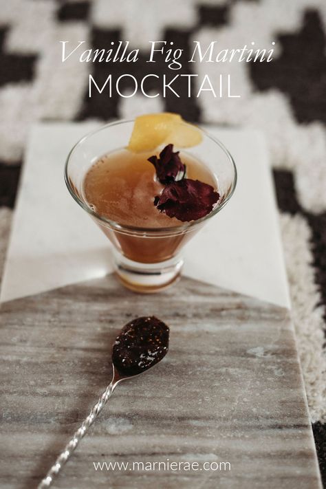 Make up a batch of Vanilla Fig Nonalcoholic Martinis for your fall parties. Full of vanilla, fig, and lemon flavors, this mocktail recipe  is an elegant addition to any party menu. | Marnie Rae || #mocktails #drinkrecipes #drinks #softcocktails Fig Martini, Winter Mocktail, Simple Mocktail, Best Mocktail Recipe, Mocktail Party, Butterbeer Recipe, Easy Mocktail Recipes, Dairy Free Coffee, Martini Ingredients