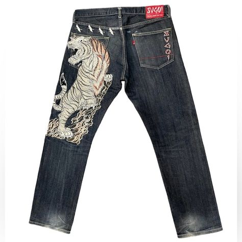 SUGOI JEANS JAPANESE TATTOO EMBROIDERY TIGER Sugoi Jeans, Tiger Jeans, Embroidery Tiger, Tattoo Embroidery, Marvel Oc, Japanese Kanji, Japanese Tattoo, Tiger Print, Designer Jeans