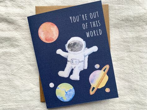 Handmade watercolor outerspace card, Astronaut and planets, Out of this world, Space birthday gift for kid, Cute card for friend / mom / dad https://etsy.me/3JIhpKL Homemade Space Gifts, Space Themed Birthday Card, Kids Cards Handmade, Sweet Letters, Space Card, Birthday Gift Card, Planet Drawing, Anniversary Cards For Him, Space Birthday Party