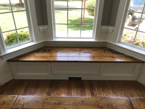 Custom built wooden window bench Wooden Window Seat, Big Window With Bench, Live Edge Window Seat, Tenement Flat Interior, Built In Bench Bay Window, Bay Window Built In, Dining Room Bench Seating Under Window, Bay Window Room Ideas, Shallow Bay Window Ideas