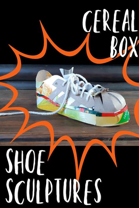 Reuse those old cereal boxes by making shoe sculptures, following this simple tutorial. Pencil Crafts, Upcycle Projects, How To Make Shoes, School Art Projects, Hot Glue Gun, Simple Tricks, Superga Sneaker, Cereal Box, Art School