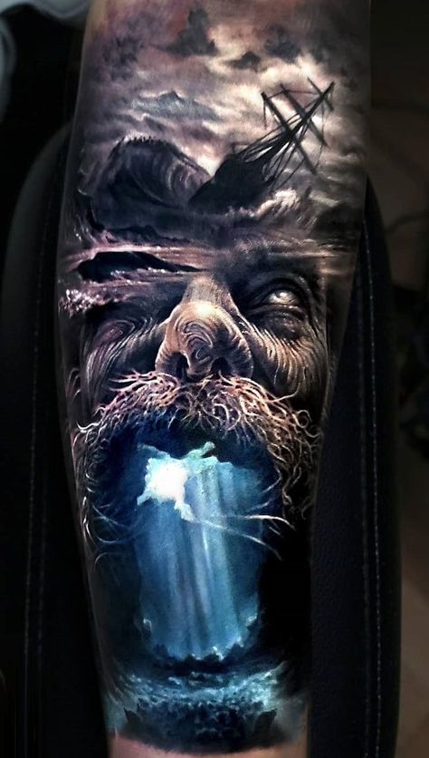 Reddit - tattoo - Poseidon stormy forearm piece by Arlo DiCristina, artist and owner of Elysium Studios in Grand Junct… | Viking tattoos, Poseidon tattoo, 3d tattoo Arlo Tattoo, Arlo Dicristina, Face Morph, Poseidon Tattoo, Creaturi Mitice, Egiptul Antic, Pirate Tattoo, Kunst Tattoos, Greek Mythology Tattoos